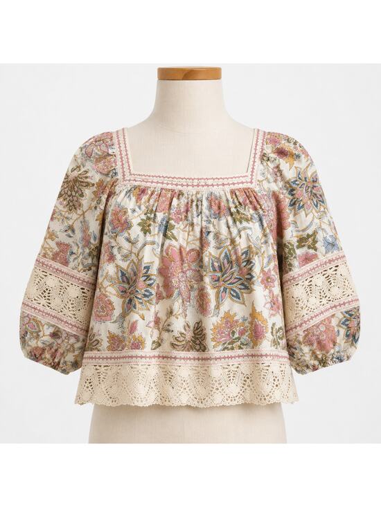 Christian Siriano Tops - Christian Siriano Floral Peasant Blouse Crochet Lace Trim Linen Blend Small
